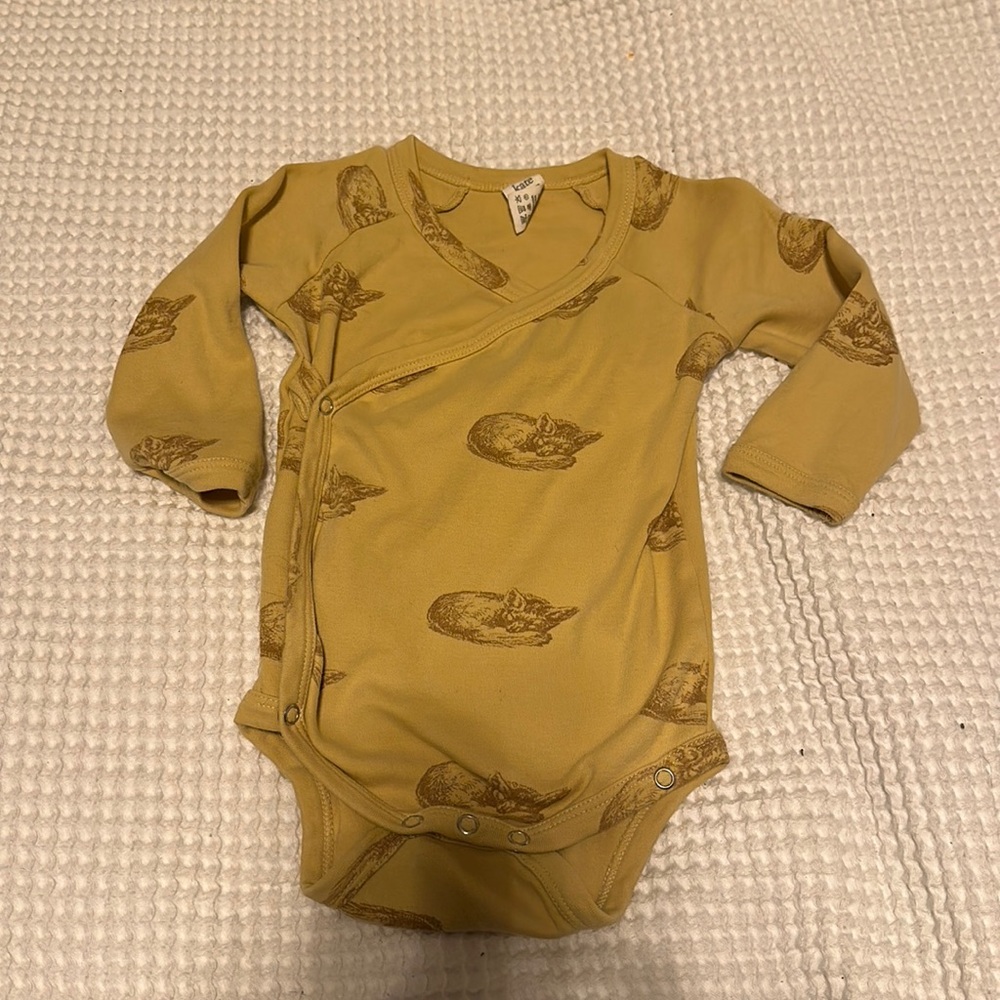 Kate Quinn Mustard Yellow/ Gold Long Sleeve Onesie- Foxes - 12-18 months